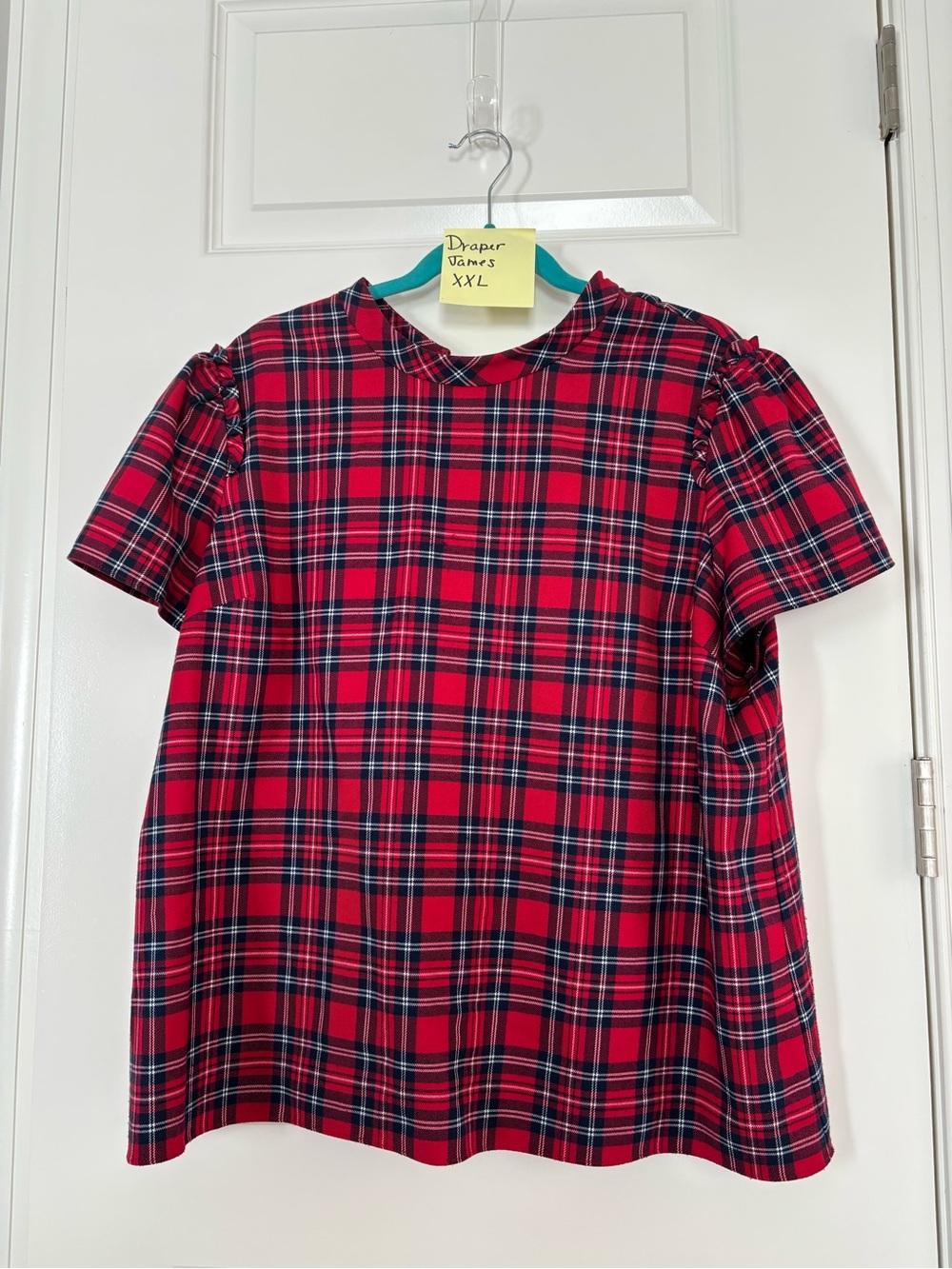 Draper James Red Plaid Short Sleeve Top with Navy Accents